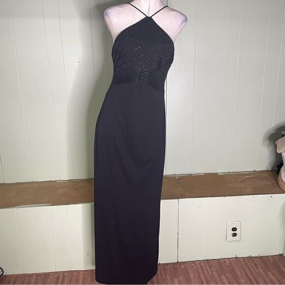 90s Vintage De Laru Black Beaded Halter Prom Gown Black Flowy Maxi Dress 7/8 - Picture 4 of 10